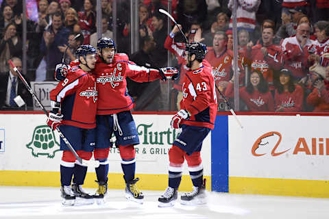 WASHINGTON, DC – JANUARY 14: Alex Ovechkin #8 of the Washington Capitals celebrates with Dmitry Orlov #9 and Tom Wilson #43 after scoring a goal against the St. Louis Blues in the first period at Capital One Arena on January 14, 2019 in Washington, DC. (Photo by Patrick McDermott/NHLI via Getty Images)