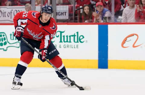 WASHINGTON, DC – APRIL 20: Carl Hagelin #62 of the Washington Capitals skates with the puck in the first period against the Carolina Hurricanes in Game Five of the Eastern Conference First Round during the 2019 NHL Stanley Cup Playoffs at Capital One Arena on April 20, 2019 in Washington, DC. (Photo by Patrick McDermott/NHLI via Getty Images)