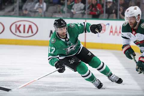 DALLAS, TX – FEBRUARY 1: Andrew Cogliano #17 of the Dallas Stars defends against the Minnesota Wild at the American Airlines Center on February 1, 2019 in Dallas, Texas. (Photo by Glenn James/NHLI via Getty Images)