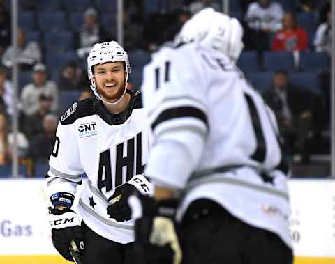 ONTARIO, CALIFORNIA – JANUARY 27: Lucas Elvenes #70 of the Central Division reacts after his assist to Joel L’Esperence #11 during the 2020 AHL All-Star Classic at Toyota Arena on January 27, 2020 in Ontario, California. (Photo by Harry How/Getty Images)