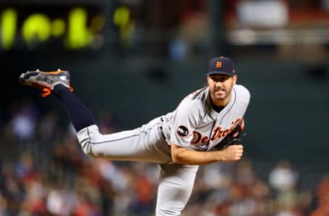 May 9, 2017; Phoenix, AZ, USA; Detroit Tigers pitcher Justin Verlander against the Arizona Diamondbacks at Chase Field. Mandatory Credit: Mark J. Rebilas-USA TODAY Sports