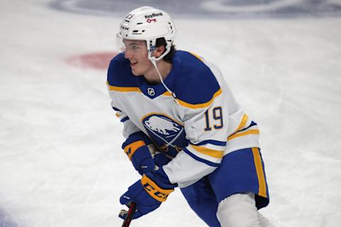 Feb 13, 2022; Montreal, Quebec, CAN; Buffalo Sabres center Peyton Krebs (19) during the warm-up session before the game against Montreal Canadiens at Bell Centre. Mandatory Credit: Jean-Yves Ahern-USA TODAY Sports