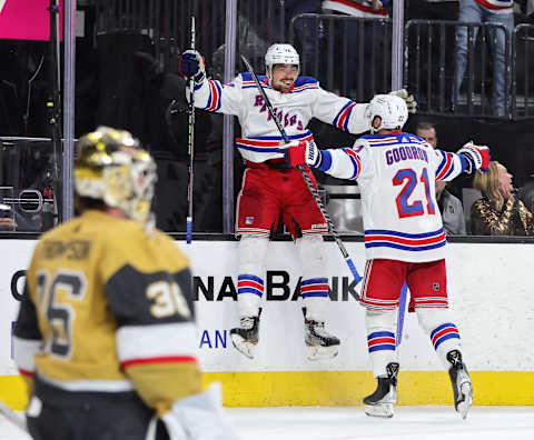 The third kid Filip Chytil celebrates his goal in Vegas during Rangers win