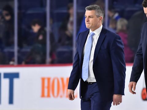 LAVAL, QC - DECEMBER 22: Head coach of the Toronto Marlies Sheldon Keefe looks on after a victory against the Laval Rocket during the AHL game at Place Bell on December 22, 2018 in Laval, Quebec, Canada. The Toronto Marlies defeated the Laval Rocket 2-0. (Photo by Minas Panagiotakis/Getty Images)