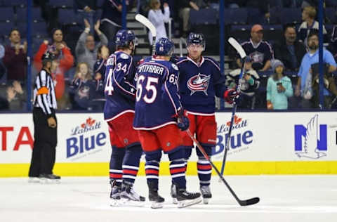 NHL Power Rankings: Columbus Blue Jackets right wing Josh Anderson (34) celebrates with defenseman Markus Nutivaara (65) and left wing Scott Hartnell (43) after scoring a goal against the San Jose Sharks in the third period at Nationwide Arena. The Sharks won 3-2. Mandatory Credit: Aaron Doster-USA TODAY Sports