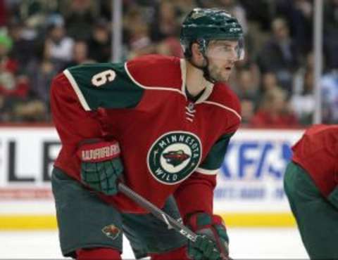 Oct 30, 2014; Saint Paul, MN, USA; Minnesota Wild defenseman Marco Scandella (6) against the San Jose Sharks at Xcel Energy Center. The Wild defeated the Sharks 4-3 in a shootout. Mandatory Credit: Brace Hemmelgarn-USA TODAY Sports