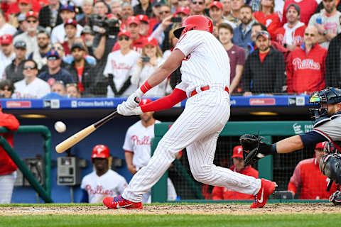 Rhys launches a four-RBI piece on Opening Day. Photo by Andy Lewis/Icon Sportswire via Getty Images.