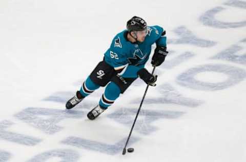 SAN JOSE, CA – APRIL 23: Kevin Labanc #62 of the San Jose Sharks skates with the puck against the Vegas Golden Knights in Game Seven of the Western Conference First Round during the 2019 NHL Stanley Cup Playoffs at SAP Center on April 23, 2019 in San Jose, California. (Photo by Lachlan Cunningham/Getty Images)