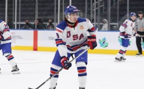 EDMONTON, ALBERTA – AUGUST 11: Riley Duran #8 of the United States skates against Switzerland in their Group B game of the 2022 IIHF World Junior Championship at Rogers Place on August 11, 2022, in Edmonton, Alberta, Canada. (Photo by Lawrence Scott/Getty Images)