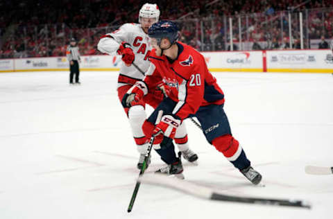 WASHINGTON, DC – JANUARY 13: Lars Eller #20 of the Washington Capitals reacts after his stick was broken by Warren Foegele #13 of the Carolina Hurricanes in the first period at Capital One Arena on January 13, 2020, in Washington, DC. Foegele was called for a slashing penalty on the play. (Photo by Patrick McDermott/NHLI via Getty Images)