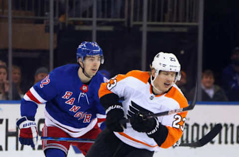 NEW YORK, NEW YORK – APRIL 03: Oskar Lindblom #23 of the Philadelphia Flyers skates against the New York Rangers at Madison Square Garden on April 03, 2022, in New York City. The Flyers defeated the Rangers 4-3 in the shootout. (Photo by Bruce Bennett/Getty Images)