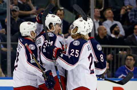 Vegas Golden Knights: Columbus Blue Jackets defenseman Seth Jones (3) is congratulated by teammates after scoring a goal during the first period against the New York Rangers at Madison Square Garden. Mandatory Credit: Adam Hunger-USA TODAY Sports