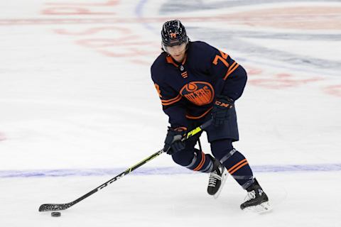 Ethan Bear #74 of the Edmonton Oilers. (Photo by Codie McLachlan/Getty Images)