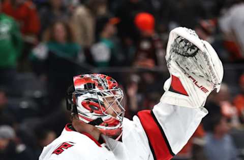 ANAHEIM, CALIFORNIA – NOVEMBER 18: Frederik Andersen #31 of the Carolina Hurricanes reacts after defeating the Anaheim Ducks 2-1 in a game at Honda Center on November 18, 2021, in Anaheim, California. (Photo by Sean M. Haffey/Getty Images)