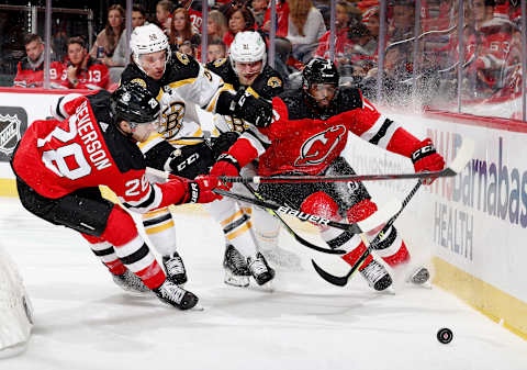 P.K. Subban #76 and Damon Severson #28 of the New Jersey Devils (Photo by Elsa/Getty Images)