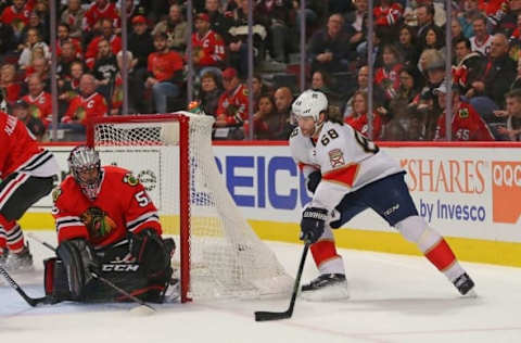 NHL Power Rankings: Florida Panthers right wing Jaromir Jagr (68) skates on Chicago Blackhawks goalie Corey Crawford (50) during the first period at the United Center. Mandatory Credit: Dennis Wierzbicki-USA TODAY Sports