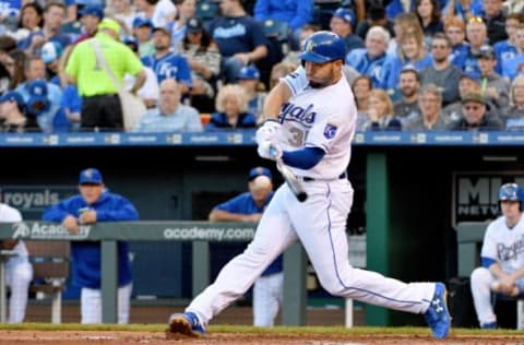 May 5, 2017; Kansas City, MO, USA; Kansas City Royals first baseman Eric Hosmer (35) connects for a single in the first inning against the Cleveland Indians at Kauffman Stadium. Mandatory Credit: Denny Medley-USA TODAY Sports