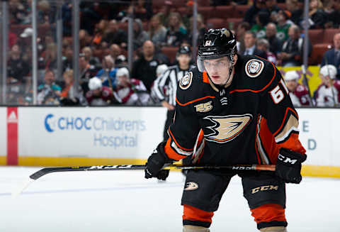 ANAHEIM, CA – MARCH 3: Troy Terry #61 of the Anaheim Ducks waits for a face-off during the third period of the game against the Colorado Avalanche at Honda Center on March 3, 2019, in Anaheim, California. (Photo by Foster Snell/NHLI via Getty Images)