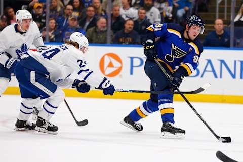 ST. LOUIS, MO – FEBRUARY 19: Vladimir Tarasenko #91 of the St. Louis Blues controls the puck against the Toronto Maple Leafs at the Enterprise Center on February 19, 2019 in St. Louis, Missouri. (Photo by Dilip Vishwanat/Getty Images)