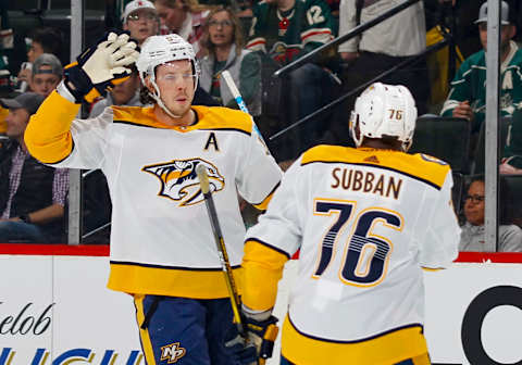 ST. PAUL, MN – MARCH 25: Ryan Johansen #92 of the Nashville Predators celebrates his 1st period shorthanded goal with P.K. Subban #76 of the Nashville Predators during a game with the Minnesota Wild at Xcel Energy Center on March 25, 2019 in St. Paul, Minnesota.(Photo by Bruce Kluckhohn/NHLI via Getty Images)