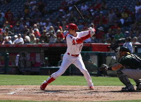 ANAHEIM, CA – SEPTEMBER 30: Shohei Ohhtani #17 of the Los Angeles Angels of Anaheim bats during the first inning of the MLB game against the Oakland Athletics at Angel Stadium on September 30, 2018 in Anaheim, California. The Angels defeatd the Athletics 5-4. (Photo by Victor Decolongon/Getty Images)