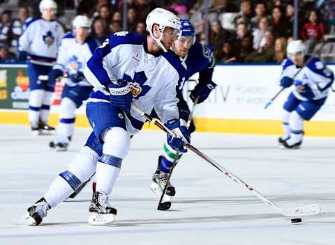 TORONTO, ON – JANUARY 24 : T.J. Brennan #3 of the Toronto Marlies controls the puck against the Utica Comets on January 24, 2016 at the Ricoh Coliseum in Toronto, Ontario, Canada. (Photo by Graig Abel/Getty Images)