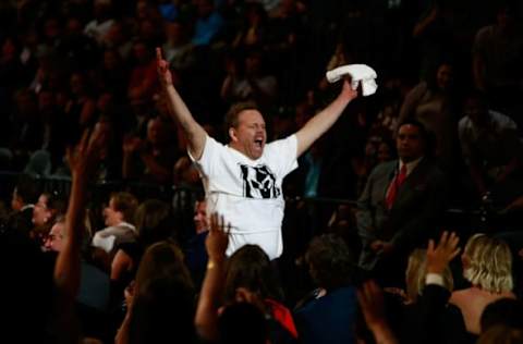 LAS VEGAS, NV – JUNE 21: A Vegas Golden Knights fan urges on the audience during the 2017 NHL Awards & Expansion Draft on June 21, 2017, in Las Vegas, Nevada. (Photo by Jeff Vinnick/NHLI via Getty Images)