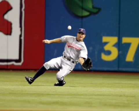 Cleveland Indians right fielder Grady Sizemore makes a great catch in Monday night’s game against the Tampa Bay Devil Rays at Tropicana Field in St. Petersburg, Florida on August 22, 2005. (Photo by J. Meric/Getty Images)