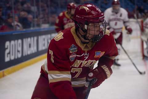 BUFFALO, NY – APRIL 11: Denver Pioneers Forward Brett Stapley (7) (Photo by Gregory Fisher/Icon Sportswire via Getty Images)