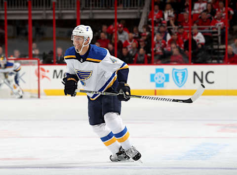 RALEIGH, NC – OCTOBER 27: Carl Gunnarsson #4 of the St. Louis Blues skates for position on the ice during an NHL game against the Carolina Hurricanes on October 27, 2017 at PNC Arena in Raleigh, North Carolina. (Photo by Gregg Forwerck/NHLI via Getty Images)