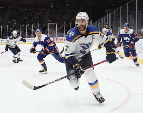 UNIONDALE, NEW YORK – OCTOBER 14: Alex Pietrangelo #27 of the St. Louis Blues skates against the New York Islanders at NYCB Live’s Nassau Coliseum on October 14, 2019 in Uniondale, New York. The Islanders defeated the Blues 3-2 in overtime. (Photo by Bruce Bennett/Getty Images)