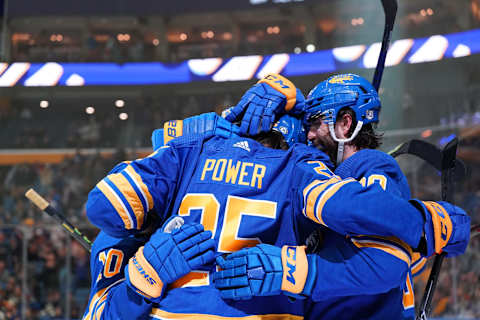 BUFFALO, NY – APRIL 14: Playing in his home debut NHL 1st overall pick Owen Power #25 of the Buffalo Sabres gets his first NHL point assisting on a goal by Alex Tuch #89 of the Buffalo Sabres during the second period against the St. Louis Blues at KeyBank Center on April 14, 2022 in Buffalo, New York. (Photo by Kevin Hoffman/Getty Images)