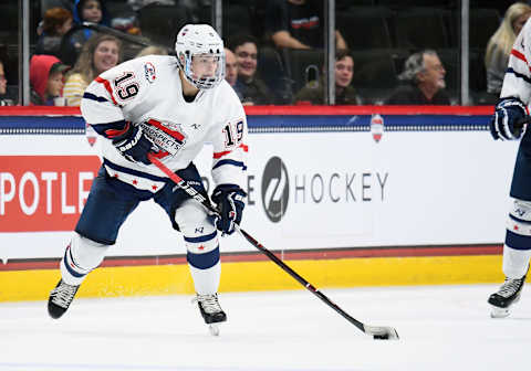 ST. PAUL, MN – SEPTEMBER 19: Team Langenbrunner forward Alex Turcotte (19) skates with the puck during the USA Hockey All-American Prospects Game between Team Leopold and Team Langenbrunner on September 19, 2018 at Xcel Energy Center in St. Paul, MN. Team Leopold defeated Team Langenbrunner 6-4.(Photo by Nick Wosika/Icon Sportswire via Getty Images)