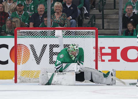 DALLAS, TX – MAY 5: Ben Bishop #30 of the Dallas Stars crumples to the ice after taking a hard shot against the St. Louis Blues in Game Six of the Western Conference Second Round during the 2019 NHL Stanley Cup Playoffs at the American Airlines Center on May 5, 2019 in Dallas, Texas. (Photo by Glenn James/NHLI via Getty Images)