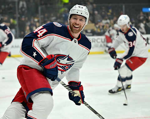 Apr 16, 2022; Los Angeles, California, USA; Columbus Blue Jackets defenseman Vladislav Gavrikov (44) warms up before a game against the Los Angeles Kings at Crypto.com Arena. Mandatory Credit: Jayne Kamin-Oncea-USA TODAY Sports