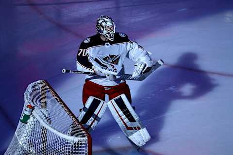 Joonas Korpisalo #70 of the Columbus Blue Jackets. (Photo by Elsa/Getty Images)