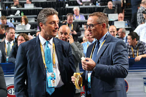 BUFFALO, NY – JUNE 24: San Jose Sharks General Manager Doug Wilson talks to Tampa Bay Lightning General Manager Steve Yzerman during round one of the 2016 NHL Draft on June 24, 2016 in Buffalo, New York. (Photo by Bruce Bennett/Getty Images)