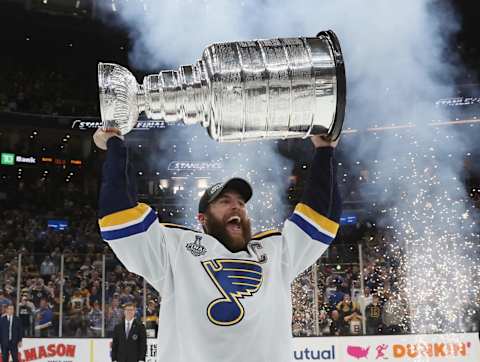 BOSTON, MASSACHUSETTS – JUNE 12: Alex Pietrangelo #27 of the St. Louis Blues celebrates with the Stanley Cup after defeating the Boston Bruins in Game Seven to win the 2019 NHL Stanley Cup Final at TD Garden on June 12, 2019 in Boston, Massachusetts. (Photo by Bruce Bennett/Getty Images)