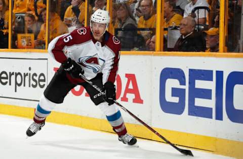 NASHVILLE, TN – APRIL 14: Duncan Siemens #15 of the Colorado Avalanche skates against the Nashville Predators in Game Two of the Western Conference First Round during the 2018 NHL Stanley Cup Playoffs at Bridgestone Arena on April 14, 2018 in Nashville, Tennessee. (Photo by John Russell/NHLI via Getty Images) *** Local Caption *** Duncan Siemens