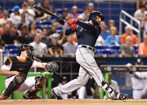 Sep 23, 2016; Miami, FL, USA; Atlanta Braves right fielder Nick Markakis (22) connects for a base hit during the second inning against the Miami Marlins at Marlins Park. Mandatory Credit: Steve Mitchell-USA TODAY Sports