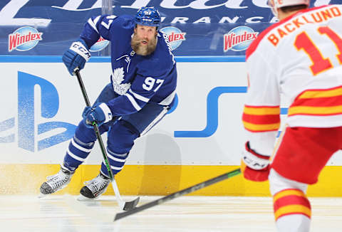 TORONTO, ON – APRIL 13: Joe Thornton #97 of the Toronto Maple Leafs  The Flames defeated the Maple Leafs 3-2 in overtime. (Photo by Claus Andersen/Getty Images)