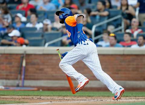 NEW YORK, NY – AUGUST 25: Amed Rosario #1 of the New York Mets follows through on his sixth inning home run against the Washington Nationals at Citi Field on August 25, 2018 in the Flushing neighborhood of the Queens borough of New York City. Players are wearing special jerseys with their nicknames on them during Players’ Weekend. The Mets defeated the Nationals 3-0. (Photo by Jim McIsaac/Getty Images)