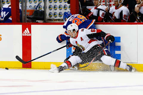 NEW YORK, NY – DECEMBER 28: Mark Stone #61 of the Ottawa Senators and Brock Nelson #29 of the New York Islanders battle for the puck at Barclays Center on December 28, 2018 the Brooklyn borough of New York City. (Photo by Mike Stobe/NHLI via Getty Images)