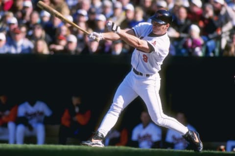 2 Apr 1996: Centerfielder Brady Anderson of the Baltimore Orioles stares into the outfield as he follows through on a swing following a hit in the Orioles 4-2 victory over the Kansas City Royals in Oriole Park at Camden Yards in Baltimore, Maryland. Man