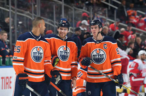 Darnell Nurse #25, Leon Draisaitl #29 and Connor McDavid #97 of the Edmonton Oilers (Photo by Andy Devlin/NHLI via Getty Images)