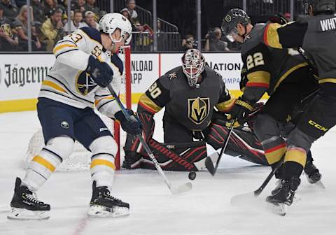 LAS VEGAS, NEVADA – FEBRUARY 28: Robin Lehner #90 of the Vegas Golden Knights defends the net against Jeff Skinner #53 of the Buffalo Sabres as Nick Holden #22 of the Golden Knights defends in the first period of their game at T-Mobile Arena on February 28, 2020 in Las Vegas, Nevada. The Golden Knights defeated the Sabres 4-2. (Photo by Ethan Miller/Getty Images)