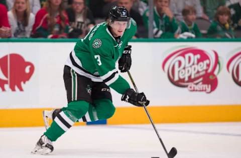 Apr 16, 2016; Dallas, TX, USA; Dallas Stars defenseman John Klingberg (3) skates against the Minnesota Wild in game two of the first round of the 2016 Stanley Cup Playoffs at the American Airlines Center. The Stars defeat the Wild 2-1. Mandatory Credit: Jerome Miron-USA TODAY Sports