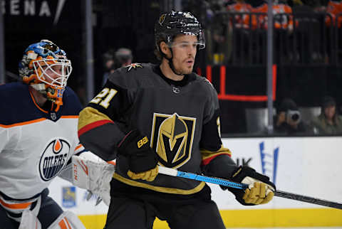 LAS VEGAS, NEVADA – FEBRUARY 26: Nick Cousins #21 of the Vegas Golden Knights stands in the crease in front of Mikko Koskinen #19 of the Edmonton Oilers in the second period of their game at T-Mobile Arena on February 26, 2020 in Las Vegas, Nevada. The Golden Knights defeated the Oilers 3-0. (Photo by Ethan Miller/Getty Images)