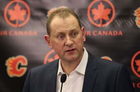 CALGARY, CANADA – FEBRUARY 27: General manager Brad Treliving of the Calgary Flames addresses the media before the trade deadline prior to the teamâs NHL game against the Ottawa Senators at the Scotiabank Saddledome on February 27, 2016 in Calgary, Alberta, Canada. (Photo by Tom Szczerbowski/Getty Images)