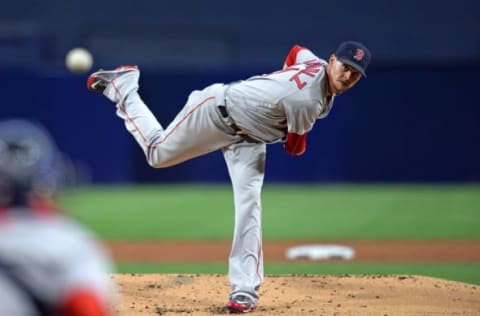 Sep 6, 2016; San Diego, CA, USA; Boston Red Sox starting pitcher Clay Buchholz (11) pitches during the first inning against the San Diego Padres at Petco Park. Mandatory Credit: Jake Roth-USA TODAY Sports